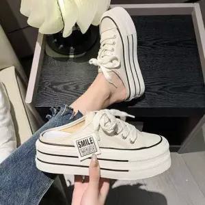 캔버스화 여성 사이드 라벨 포인트 캐주얼한 통굽 뮬 스니커즈 여자캔버스화