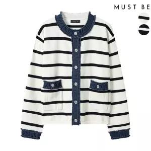 여성 데님 배색 스트라이프 가디건