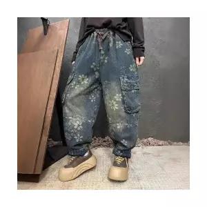 여성 데님바지 배기 기모 청바지 겨울 옆 포켓 바지 빅사이즈 프린트 MF4