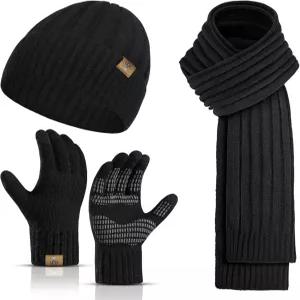 추운 날씨에 니트 해골 모자를 쓴 남성용 겨울 비니 모자 터치스크린 장갑 넥 워머 스카프 세트 3pcs /세트