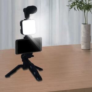 조절 가능 삼각대 LED 조명 지향성 마이크를 갖춘 필수 폰 브이로그 접이식 휴대용