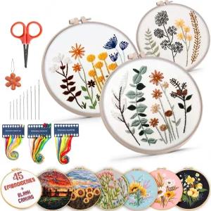 유니비고 자수 키트 3세트 애호가용 스티치 연습 천 후프 컬러 실 가위 도구 및 현장의 지시 D-플라워