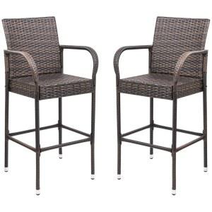 호몰 파티오 바 스툴 위커 실내 야외 정원 풀 잔디밭 뒷마당 세트 2 (브라운) 발 받침대 및 팔걸이가 있는 가구
