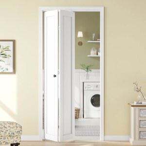 로이멜로, 36인치 x 80인치 개구부용 프리어셈블 바이폴드 도어, 1패널 슬라이딩 내부 옷장 접이식 헛간 도어 슬랩, 숨겨진 하드웨어 키트, MDF 우드 패널, 흰색 방수 PVC 표면, 간편한 설치
