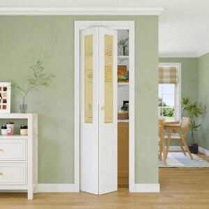 24인치 x 80인치 라탄 이중폴드 도어, 하드웨어 키트 세트 및 패시아 노브가 있는 실내 도어 패널, 옷장용 접이식 / 팬트리 침실용 사전 조립된 이중 폴드 흰색