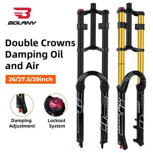 BOLANY 더블 크라운 자전거 에어 포크 27.5 29 인치 MTB 서스펜션 9x100mm 퀵 릴리스 액슬 스폰지 윤활