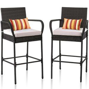 선데일 아웃도어 위커 바 스툴 2종 세트, 팔이 달린 파티오 카운터 높이 펍 의자, 하이탑 라탄 스툴, 쿠션 베이지, 전천후 가구 - 스틸, 그레이