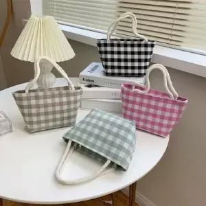 은창]미니 지퍼 깅엄 체크 가방 캔버스 토트백 에코백 가방 백 장바구니 쇼핑백 쇼퍼백 휴가 여성 여
