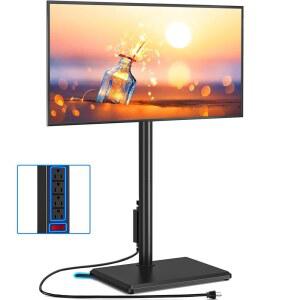 32-60인치 TV용 전원 콘센트가 있는 광섬유 스위블 플로어 TV 스탠드, 높이 조절 가능한 나무 받침대가 톨 최대 88파운드까지 견딜 수 있으며 침실, 거실 및 모서리를 위한 공간 디자인을 절약할 있습니다