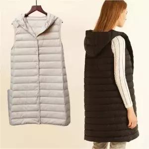 롱 덕다운 겨울 아우터 오리털 레이어드 여자 후드 패딩조끼