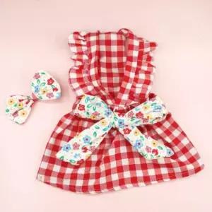 애견 체크 원피스+ 머리핀 강아지 고양이 여름옷 의류 반려 동물 실내복 강아지옷 용품