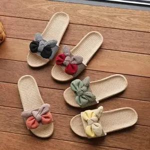 여성 트위드 리본 라탄 슬리퍼 실내화 밀짚 실내화 실외화 신발 휴가