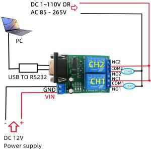 DC 12V 24V 2Ch DB9 UART 릴레이 모듈 RS232 직렬 포트 스위치 보드 PC 모터 LED PTZ용