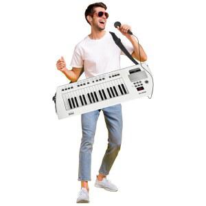 [포르르] Pyle, 휴대용 디지털 전자 키보드 피아노 37 키, 마이크 및 스트랩, 내장 서스테인 컨트롤러, 충전식 배터리-노래방 컴팩트 뮤지컬 키타 화이트
