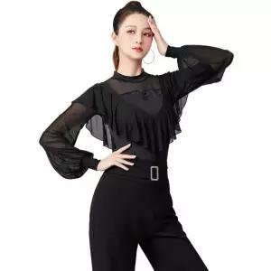 라인댄스상의 줌바 성인발레복 밸리 라틴댄스복 반팔 긴팔 블랙 S