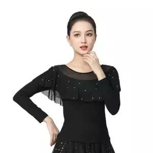 망사 슬림핏 반팔 라인댄스상의 시스루 프릴 러플 블랙 긴 소매 M