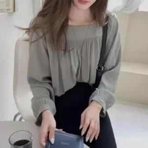 사각넥 장팔 탑트렌디 시폰 주름 귀여운 걸스 셔츠