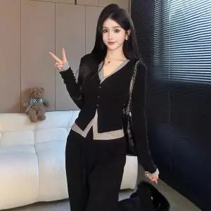 엘럽 여성정장세트 블랙 페이크 투피스 브이넥 긴팔 티셔츠 세트 추동 빅사이즈 와이드 팬츠 박템4