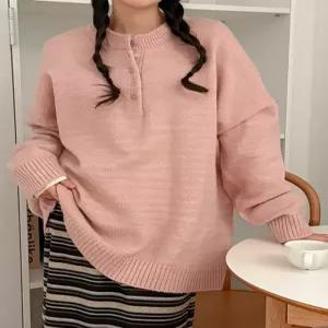 리베드 박시 버튼 헨리넥 니트 85949 빅사이즈 여성의류