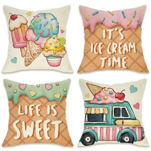 Summer It's Ice Cream Time 장식용 쿠션 커버 40.6 x 40.6cm(16 16인치) 4개 세트, Life is Sweet 아이스크림 트럭 현관 파티오 야외 베개 커버, 와플 계절 소파 케이스 홈 데코