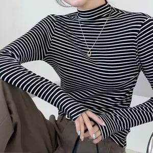 여성 스트라이프 반목티 기모 터틀넥 폴라 티셔츠