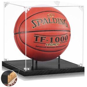 JupDec 농구 디스플레이 케이스 클리어 풀 선물, 10인치 볼 사인된 자외선 사이즈, 보관함 WNBA 기념품 이상적인 단단한 축구 아크릴 박스, 스탠드 베이스, 차단 나무 표준 블랙 NBA