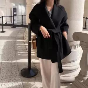 여성용 모직 빈티지 코트 슬림핏 긴팔 모직코트 빅 스트랩 터틀넥 톱 추동 1PICK4