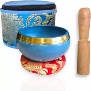 블루 4인치 노래 그릇 세트 - 나무 망치 쿠션 및 선물 상자가 포함된 명상 사운드 힐링 티베트 네팔산