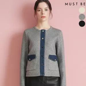 여성 데님 배색 라운드 가디건