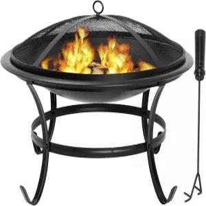 22인치 파이어 피트 야외 스틸 우드 버닝 BBQ 그릴 볼 벽난로 메쉬 스크린 및 포커 통나무 격자