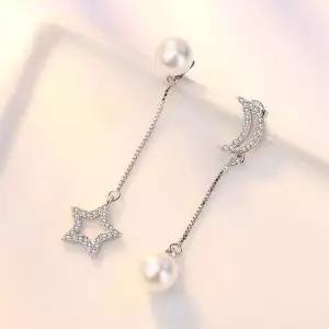 원석비즈 AAA 지르코니아 언발런스 달 진주 은침 쉘 귀걸이 별