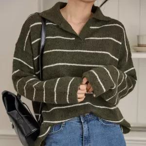 스트라이프 오픈 카라 니트 티셔츠 오버핏 긴팔 여성 빅사이즈