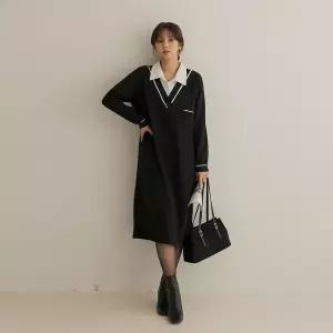 [하프클럽/]퍼슬 레이어드 셔츠 배색 원피스