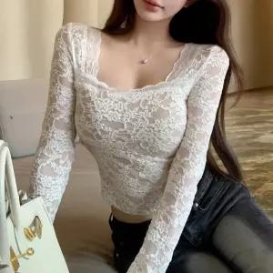 채핏 큐텐 올레이스 티셔츠 섹시 글램 긴팔 tee 슬림 레이스 시스루 와이드넥 스퀘어넥 클럽룩