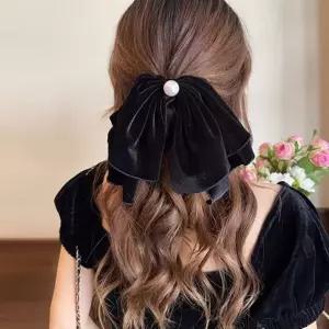 [하프클럽/]벨벳 왕리본 스타일 진주 헤어슈슈 1P 고품질 밴딩 머