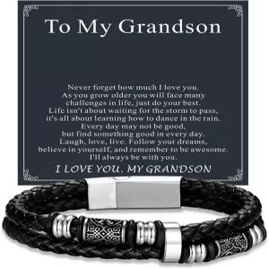 U7 블랙 땋은 가죽 팔찌 남성용 선물 스테인리스 스틸 켈틱 매듭 구슬 커프 팔찌와 러브 카드 생일