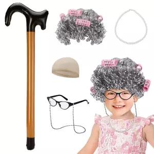 아이들을 위한 할머니 가발 코스튬 회색 헤어 캡 진주 목걸이 지팡이 안경 리테이너 체인 코스프레 드레스