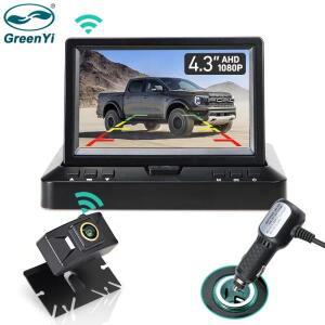 GreenYi 무선 ALED 4.3 인치 디지털 IPS 스크린 접이식 대시 자동차 모니터, 어안 골든 렌즈, 1080P 와이파