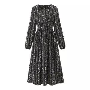 [GGPX]빈티지 플라워 셔링 밴딩 롱 원피스 (GQAOW004D)