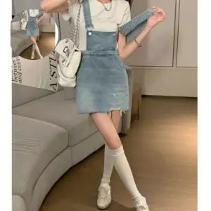 (제스트)미니멀 멜빵 휴가룩 뒷리본포인트 청치마 원피스 여름