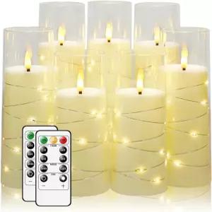 불꽃 없는 양초 내장된 스타 스트링 배터리로 작동하는 깜빡이는 LED 기둥 리모컨과 타이머 홈 데코