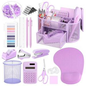 VAIPI 17피스 퍼플 사무용품 세트 책상 정리함 및 액세서리, 마우스 패드, 계산기, 스테이플러, 스테이플, 가위, 펜, 스티커 메모, 페이지 마커 포함, 사무실 학교 가정용