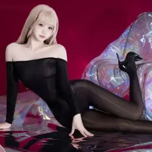 프리미엄 광택 오프숄더 오픈 바디스타킹