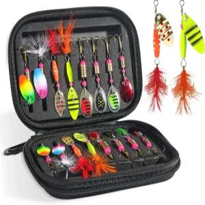 16개 낚시 미끼 스피너 트레블 갈고리와 수탉 꼬리가 있는 송어 베이스 연어 키트 장비 스푼 민물 남성용