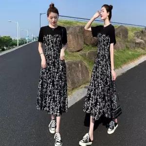 하이웨이스트 반팔 플라워 롱 원피스 꽃무늬 A라인