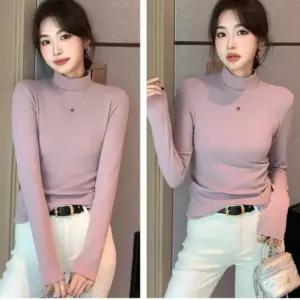 여성 이너 솔리드 반폴라 긴팔티 면 목 폴라 티