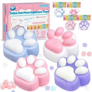 스트레스 해소 성인용 타바 고양이 발, 4개의 스퀴즈 귀여운 감각 성인용, 수제 부드러운 실리콘 끈적끈적한 탄력 있는 스트레스와 이완 신축성 스프링성 3-10세 여성을 위한 선물