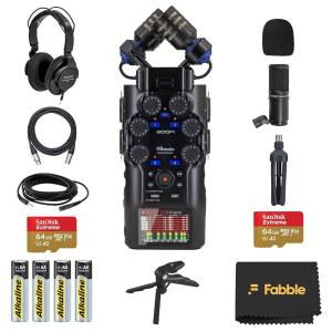 ZDM-1 팟캐스트 마이크 팩, 헤드폰, 테이블탑 스탠드, XLR 케이블, 윈드스크린, 2배 메모리 카드, 배터리 및 액세서리가 포함된 Zoom H6studio 핸디 레코더 번들
