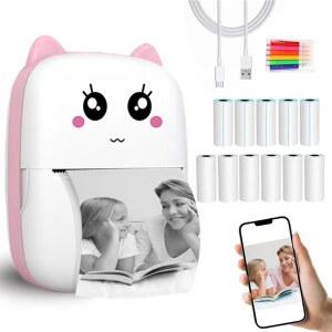 펀덕츠 미니 스티커 프린터 USX1, 잉크 없는 열 포켓 영수증 프린터, 203DPI, 블루투스, 핑크, 11롤 용지, iOS 및 Android 호환