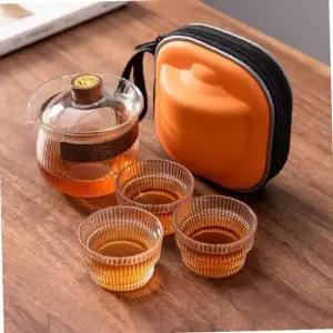 더우림 휴대용 내열 유리 다기세트 3인 플리츠 선물용